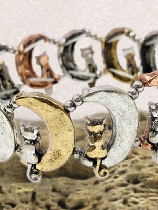 Cat Pet Lovers Theme Gold Silver Copper Dipped Stretch Bracelet NEW Great Gift! - Picture 3 of 3
